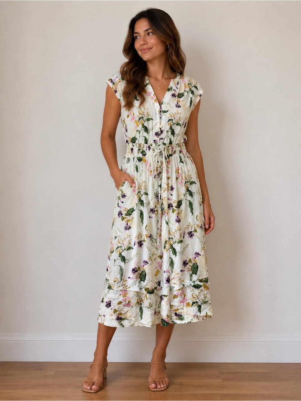 Lucky Brand Short Sleeve Floral Cotton Blend Midi Dress EUC Size M